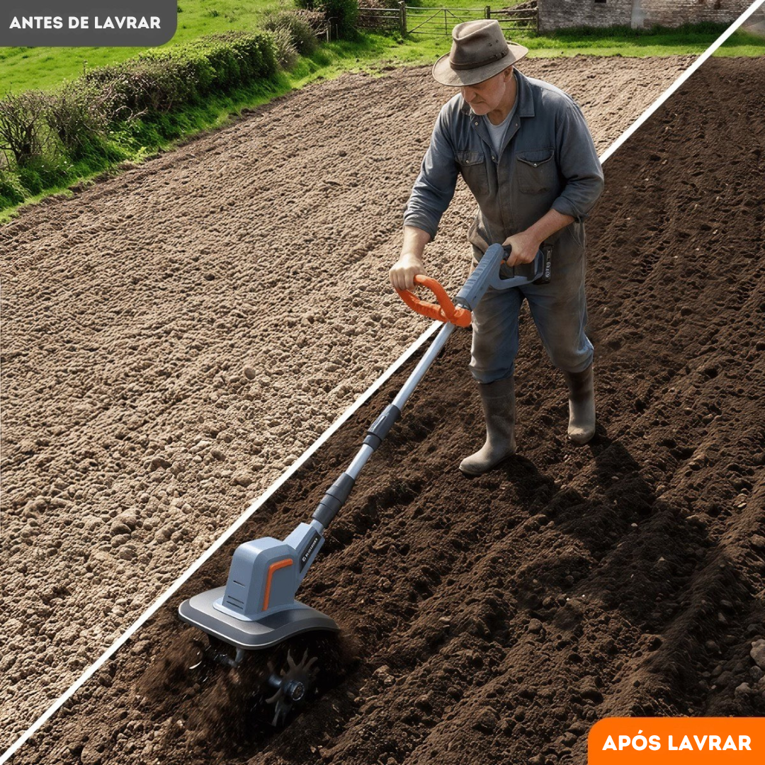 Cultivador Elétrico Terrox Sem Fio Com Lâminas de Aço Inoxidável e Bateria Dupla + BRINDE: Kit 10 Ferramentas